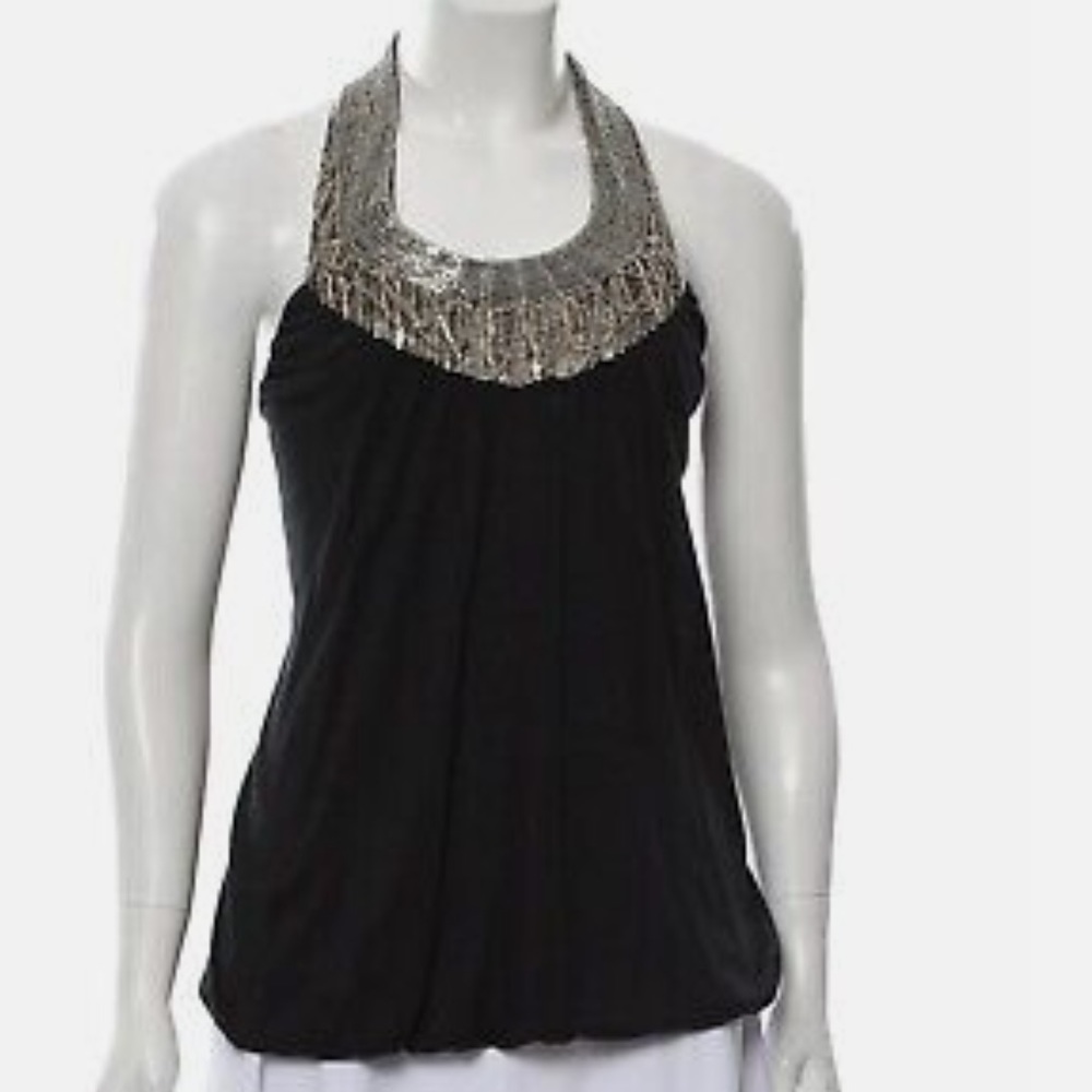 Haute Hippie Black Bubble Top with Gold/Silver Neck Detail